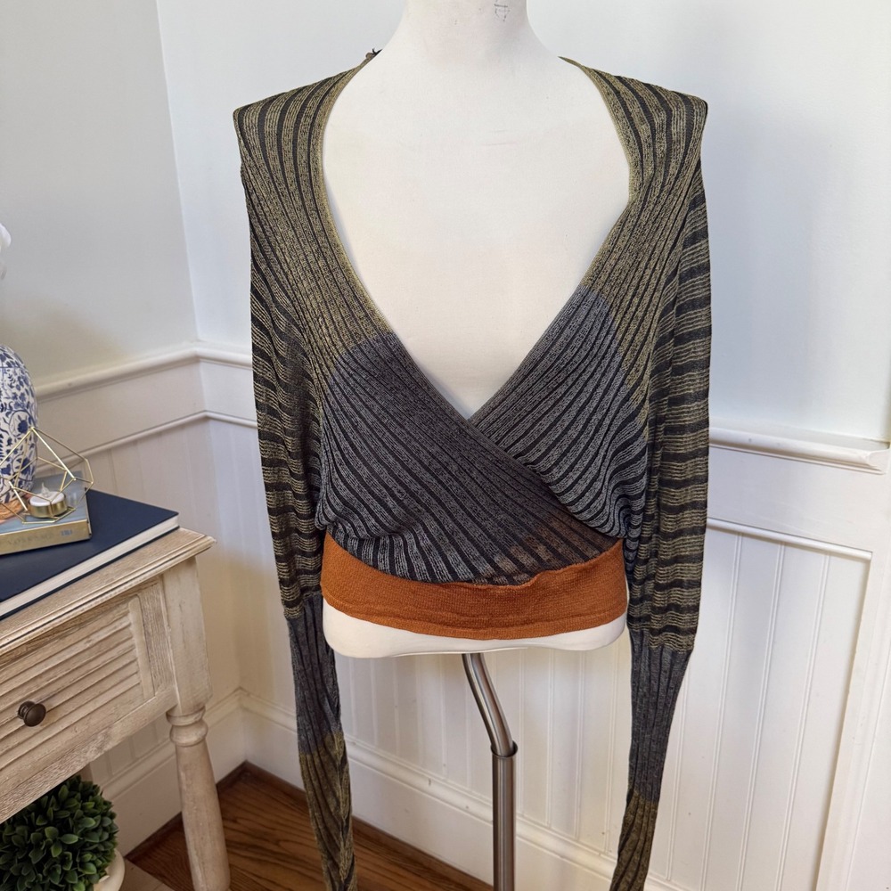 Free People Striped Ribbed Wrap Top in Olive, Gray and Rust - Picture 3 of 10